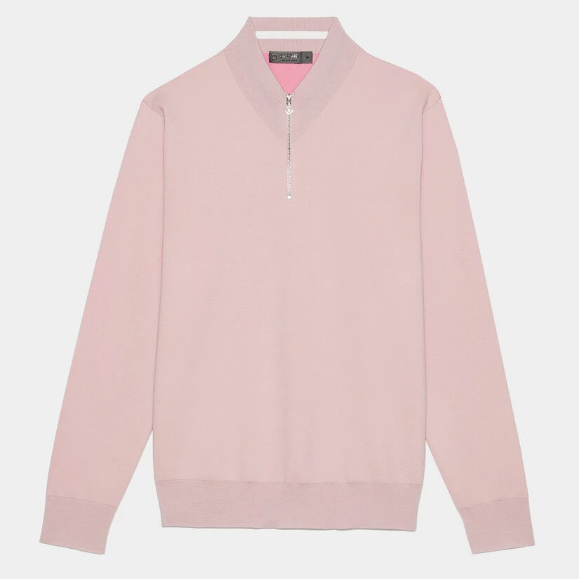 CONTRAST V NECK MERINO WOOL SLIM FIT QUARTER ZIP SWEATER