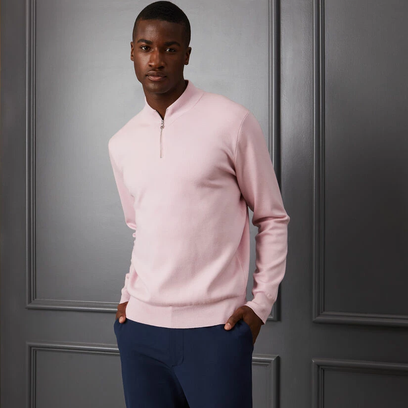 CONTRAST V NECK MERINO WOOL SLIM FIT QUARTER ZIP SWEATER - Image 2